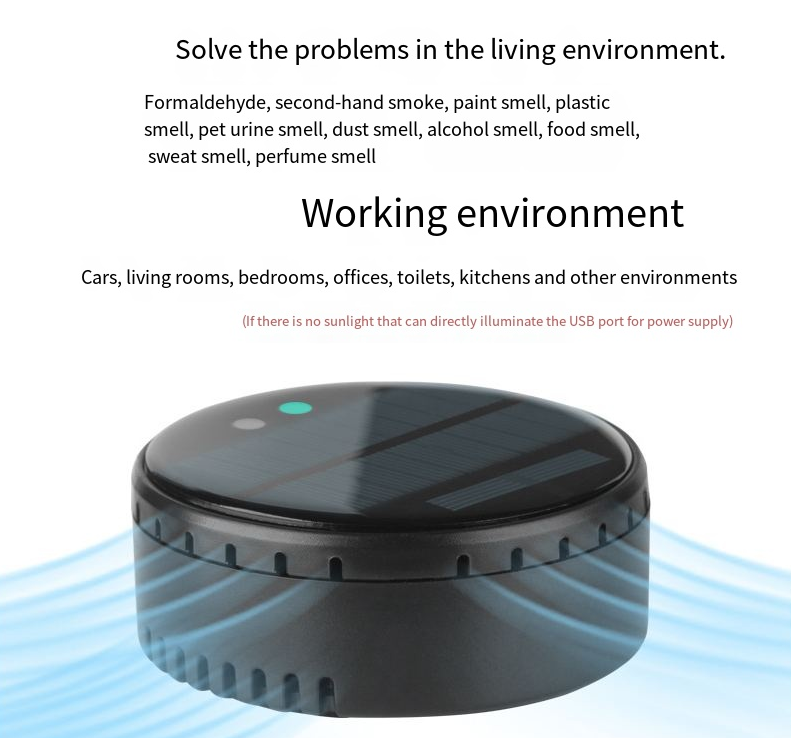 Air purifier for both home and car use solar powered negative ion formaldehyde and odor removal disinfection and purification device